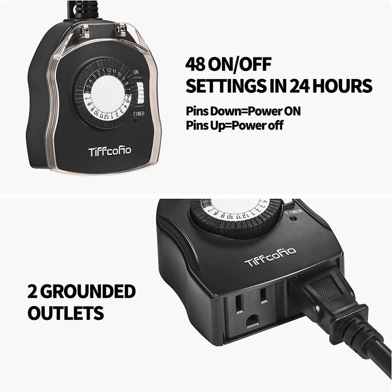 Tiffcofio Outdoor Timer Outlet for Lights, 24 Hour Mechanical, Outdoor Light Timer Waterproof, 2 Grounded Outlets for Home and Garden, 15A 1/2HP, Heavy Duty, CSA Listed (2 Pack) - Image 2